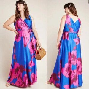 Anthropologie Hutch Leah Wrap Maxi Dress 1X Blue Pink Floral Statement Wedding